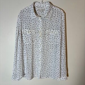 LOFT‎ White Black Abstract Print Button Down Blouse Size XL
